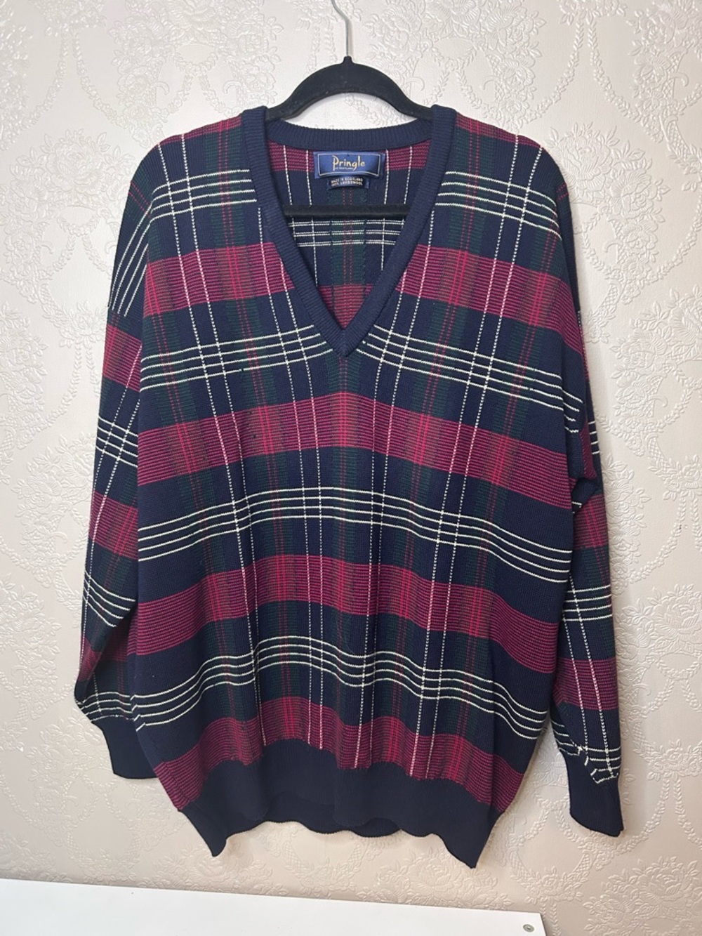 Pringle Men's V-Neck Sweater in Navy, Burgundy, White Plaid 100% wool lambs